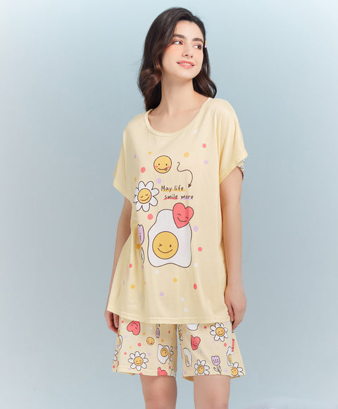 May Life Smile More Short Sleeves Microfiber Top & Bottom Sleep Set