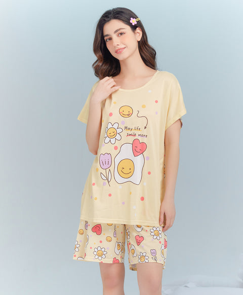 May Life Smile More Short Sleeves Microfiber Top & Bottom Sleep Set