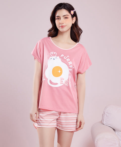 Purfect Egg Short Sleeves Polyester Cotton Top & Shorts Sleep Set