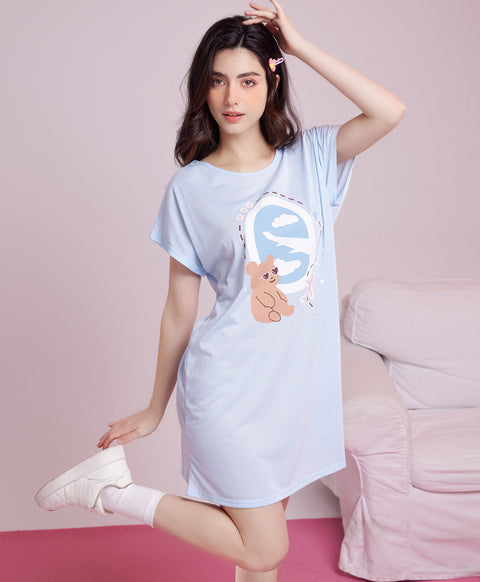 Lets Travel Short Sleeves Polyester Cotton Sleep Dress