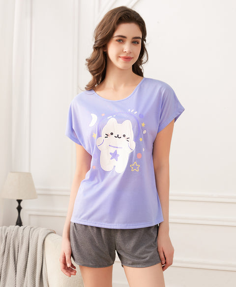 Kitty Astronaut Short Sleeves Polyester Cotton Top & Bottom Sleep Set