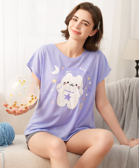 Kitty Astronaut Short Sleeves Polyester Cotton Top & Bottom Sleep Set