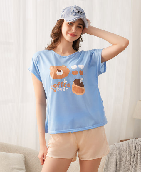 Coffee Bear Short Sleeves Polyester Cotton Top & Bottom Sleep Set