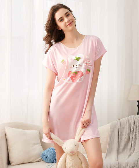 Rabbit Strawberry So Sweet Short Sleeves Polyester Cotton Sleep Dress