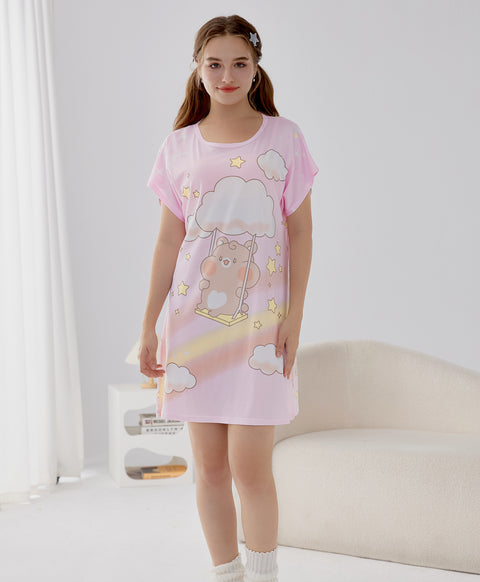 Bear Swinging Under the Cloud and Stars Microfiber Sleep Dress