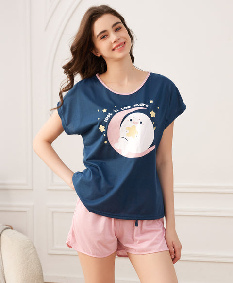 Seal Lost in the Stars Short Sleeves Polyester Cotton Top & Bottom Sleep Set