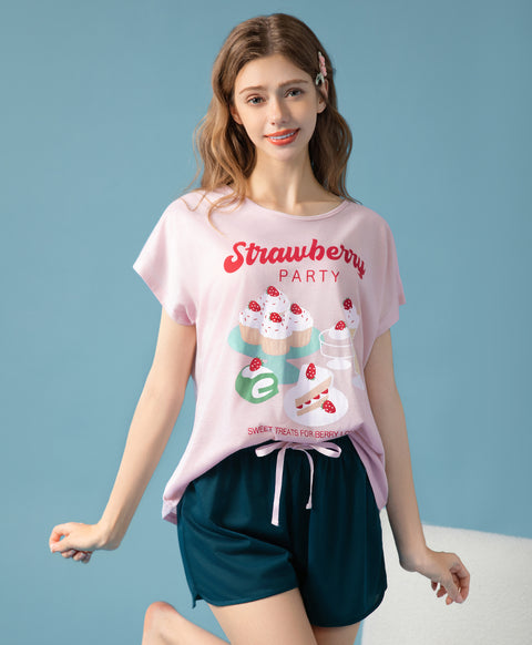 Strawberry Party Short Sleeves Top & Shorts Sleep Set
