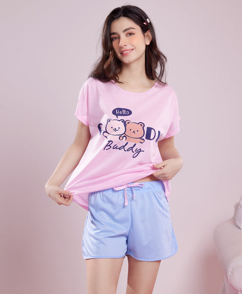 Hello Goody Buddy Short Sleeves Polyester Cotton Top & Shorts Sleep Set