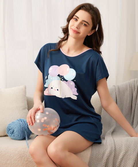 Seal Fly into the Starry Night Short Sleeves Polyester Cotton Sleep Dress