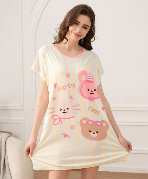 Cozy Animal Party Time Microfiber Short Sleeves Sleep Dress
