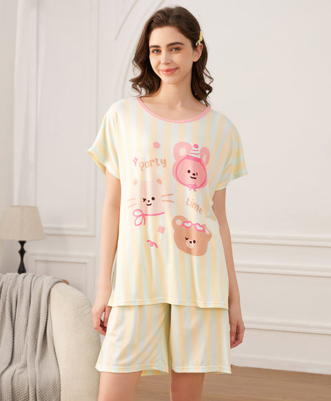 Cozy Animal Party Time Short Sleeves Microfiber Top & Bottom Sleep Set