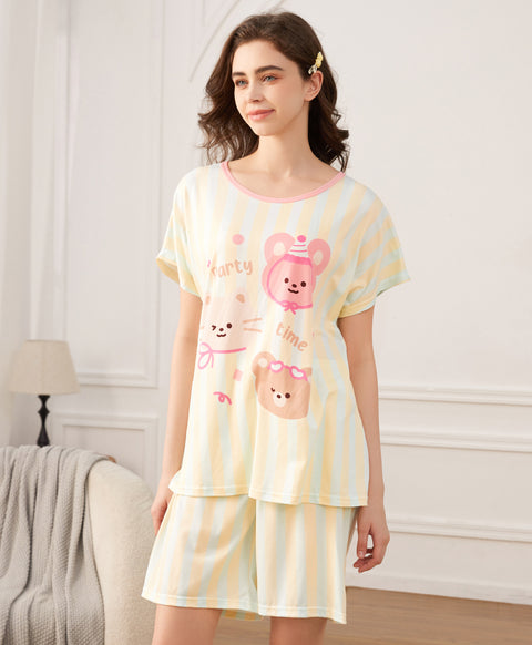 Cozy Animal Party Time Short Sleeves Microfiber Top & Bottom Sleep Set