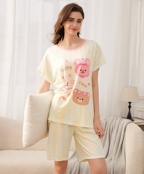 Cozy Animal Party Time Short Sleeves Microfiber Top & Bottom Sleep Set