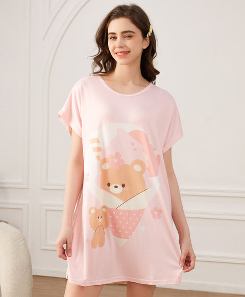 Dreamy Ice Cream Bear Microfiber Short Sleeves Sleep Dress