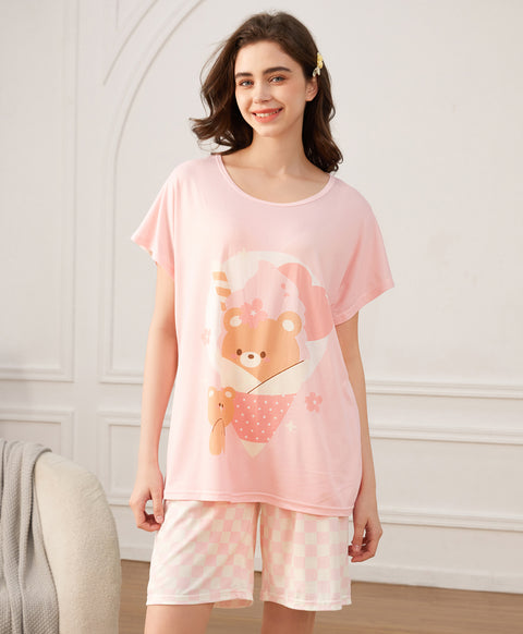 Dreamy Ice Cream Bear Short Sleeves Microfiber Top & Bottom Sleep Set