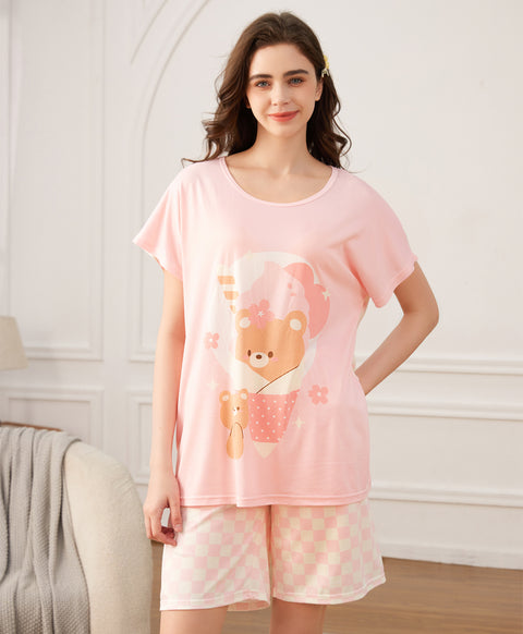 Dreamy Ice Cream Bear Short Sleeves Microfiber Top & Bottom Sleep Set