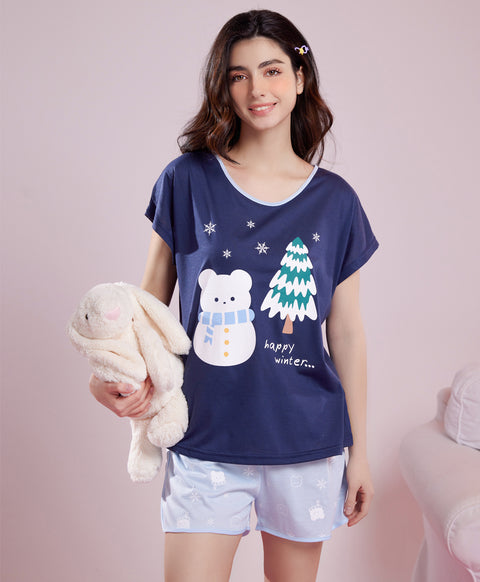 Happy Winter Short Sleeves Polyester Cotton Top & Shorts Sleep Set
