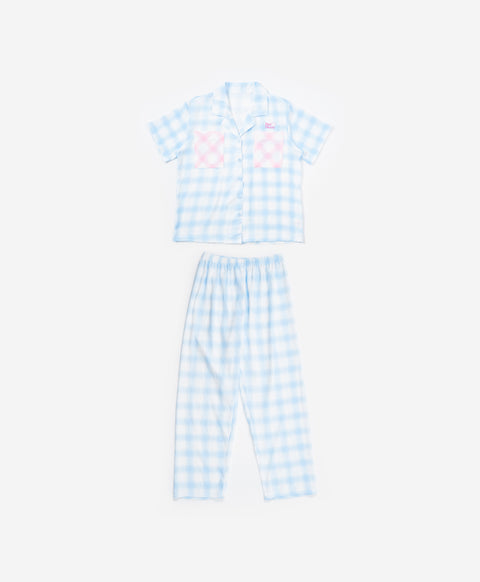 BedMood Cremo & Mello Join The Late Morning Coffee Club Polyester PJ Short Sleeves Top & Long Pants Set - Blue