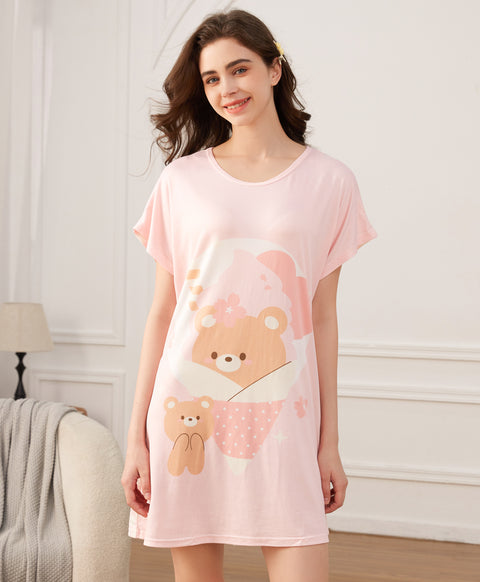Dreamy Ice Cream Bear Microfiber Short Sleeves Sleep Dress