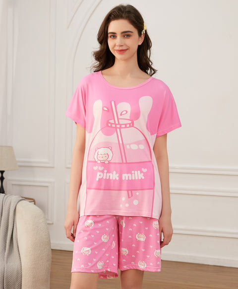 Lovely Pink Milk Lamb Short Sleeves Microfiber Top & Bottom Sleep Set