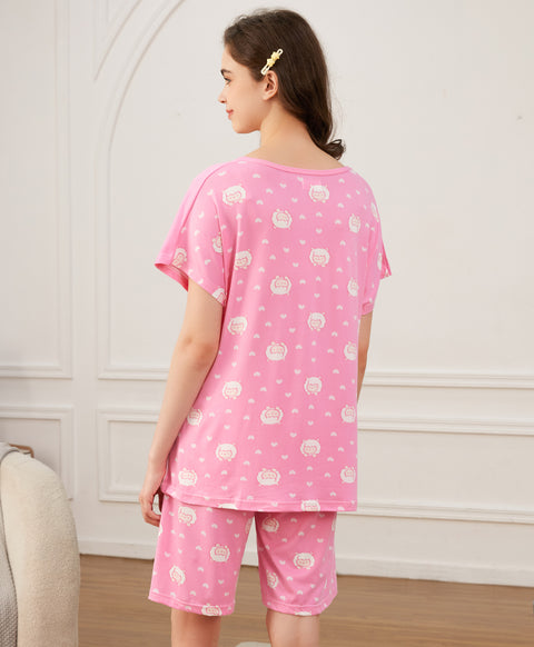 Lovely Pink Milk Lamb Short Sleeves Microfiber Top & Bottom Sleep Set