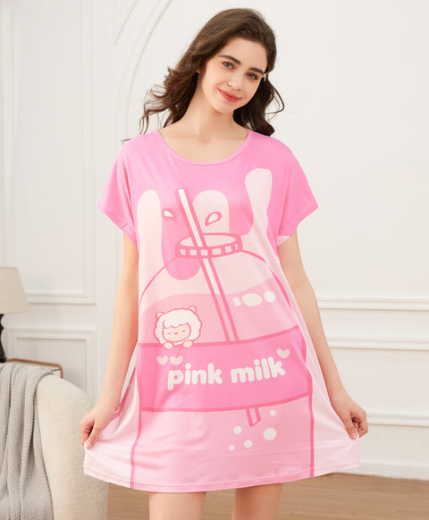 Lovely Pink Milk Lamb Microfiber Short Sleeves Sleep Dress