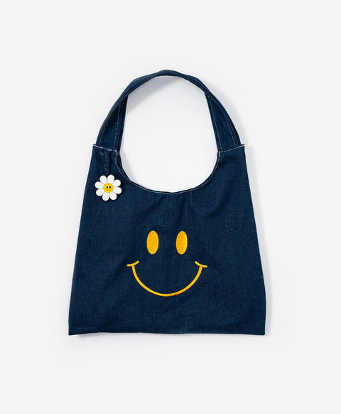 Stay Bloom Denim Smiley Tote Bag