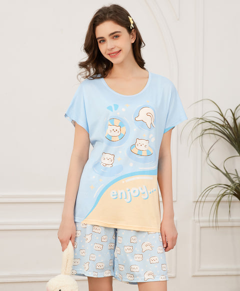 Kitty's Splash Time Short Sleeves Microfiber Top & Bottom Sleep Set