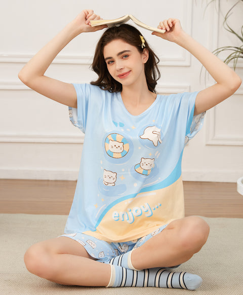 Kitty's Splash Time Short Sleeves Microfiber Top & Bottom Sleep Set