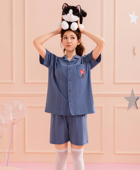 Cookies d'amore Satin Short Sleeve Top & Short PJ Set-Dark Blue