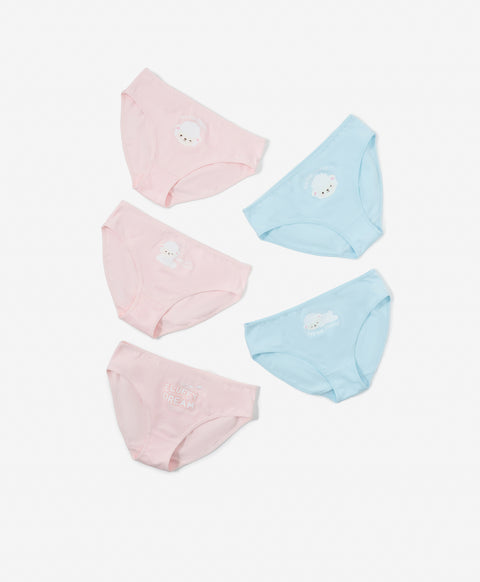 Baa-baa Fluffy Mid Waist Midi 5pcs Cotton Spandex Graphic Pack Panties