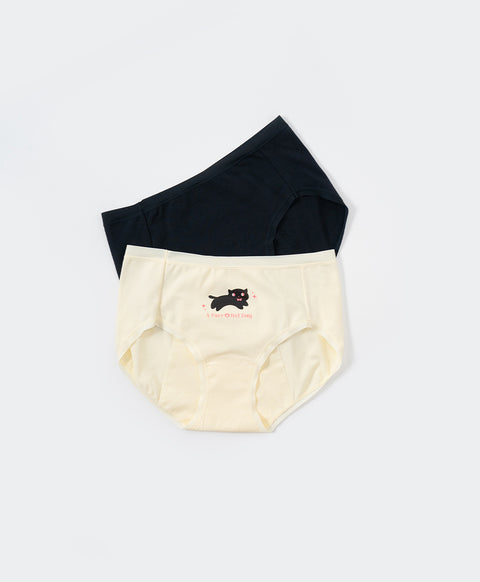 Little Black Cat Cotton Spandex Mid Waist Hipster 2pcs Sanitary Panties Pack