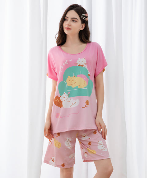 To Be A Happy Cat Short Sleeves Microfiber Top & Bottom Sleep Set