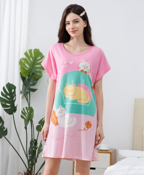 To Be A Happy Cat Microfiber Short Sleeves Sleep Dress