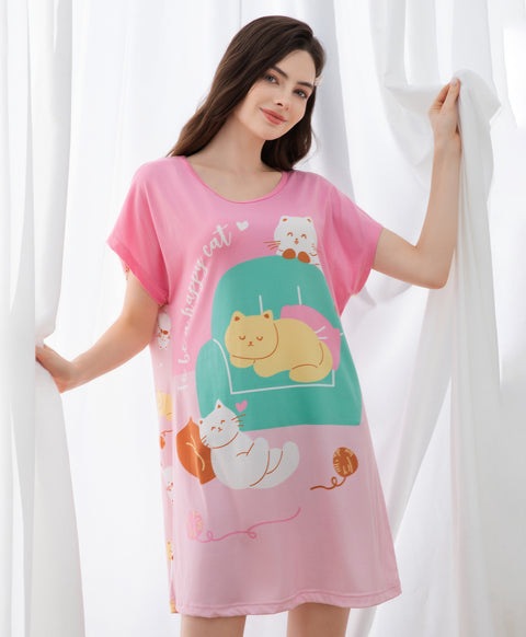 To Be A Happy Cat Microfiber Short Sleeves Sleep Dress