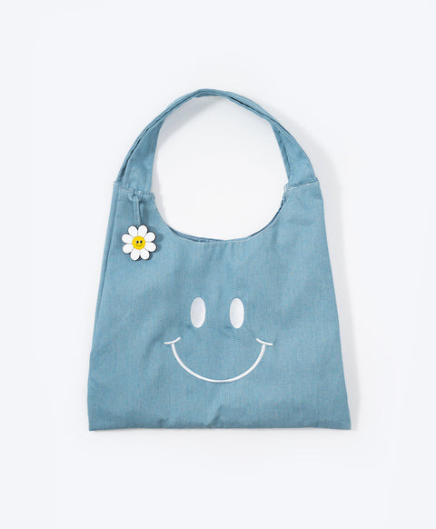 Stay Bloom Denim Smiley Tote Bag