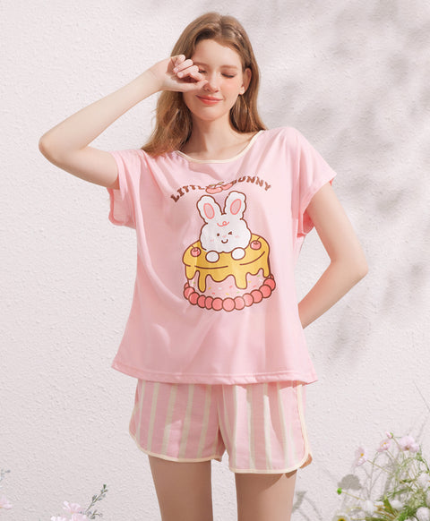 Little Bunny Short Sleeves Polyester Cotton Top & Bottom Sleep Set