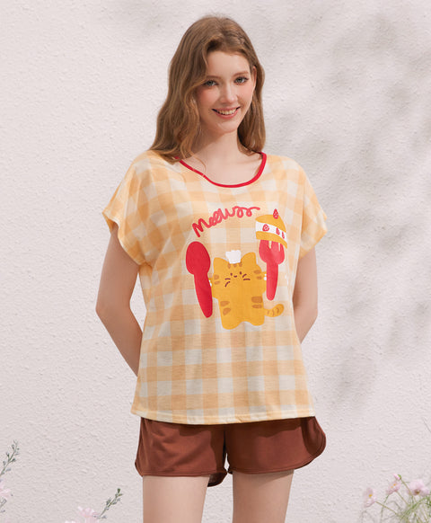 Meow Dessert Time Short Sleeves Polyester Cotton Top & Bottom Sleep Set