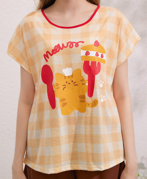 Meow Dessert Time Short Sleeves Polyester Cotton Top & Bottom Sleep Set
