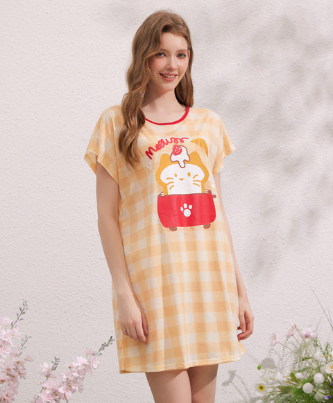 Meow Dessert Time Polyester Cotton Short Sleeves Sleep Dress