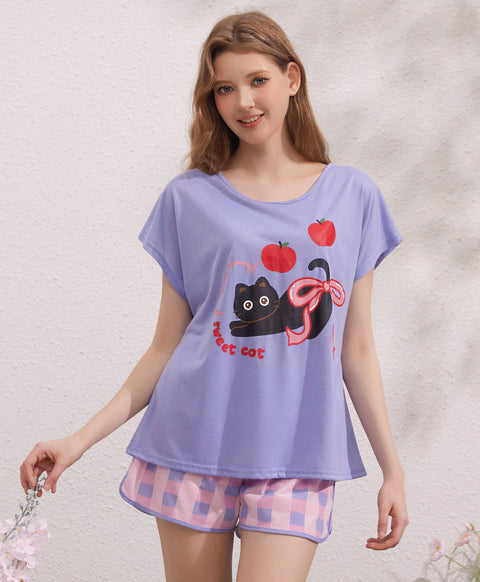 Sweet Cat Bow Bow Short Sleeves Polyester Cotton Top & Bottom Sleep Set