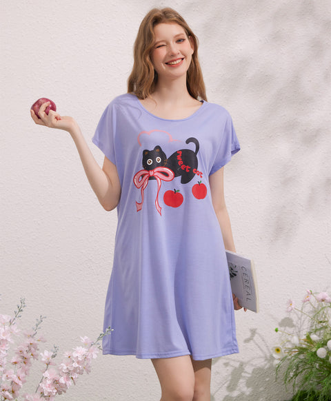 Sweet Cat Bow Bow Polyester Cotton Short Sleeves Sleep Dress