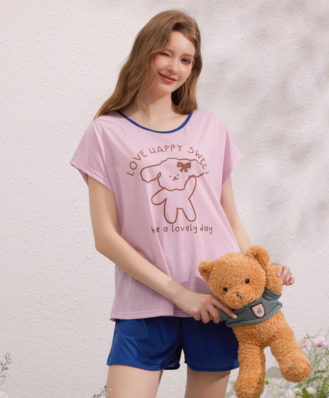 Love Happy Sweet Polyester Cotton Short Sleeves Top & Bottom Sleep Set