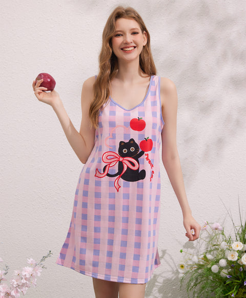 Sweet Cat Bow Bow Sleeveless Polyester Cotton Sleep Dress