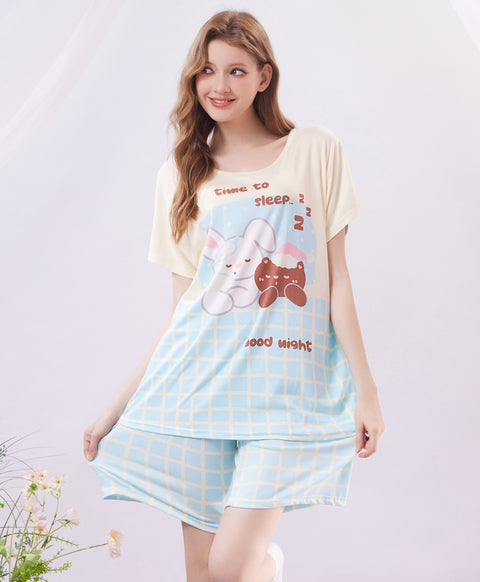 Times To Sleep Short Sleeves Microfiber Top & Bottom Sleep Set