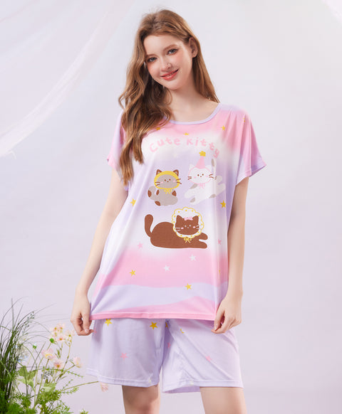 Cute Kitty Short Sleeves Microfiber Top & Bottom Sleep Set