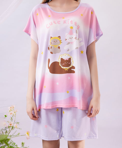 Cute Kitty Short Sleeves Microfiber Top & Bottom Sleep Set