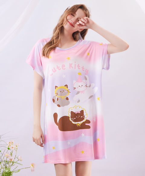 Cute Kitty Microfiber Short Sleeves Sleep Dress
