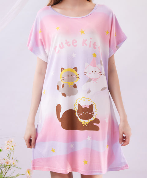 Cute Kitty Microfiber Short Sleeves Sleep Dress