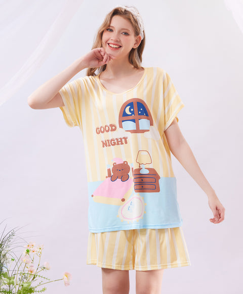 Good Night Short Sleeves Microfiber Top & Bottom Sleep Set